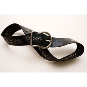 Olga Santini Black leather Belt silver tone chunky buckle studded goth witchy L